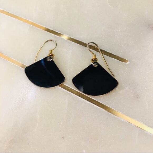 Black and Gold Fan Shape Enamel Earrings - Picture 1 of 5